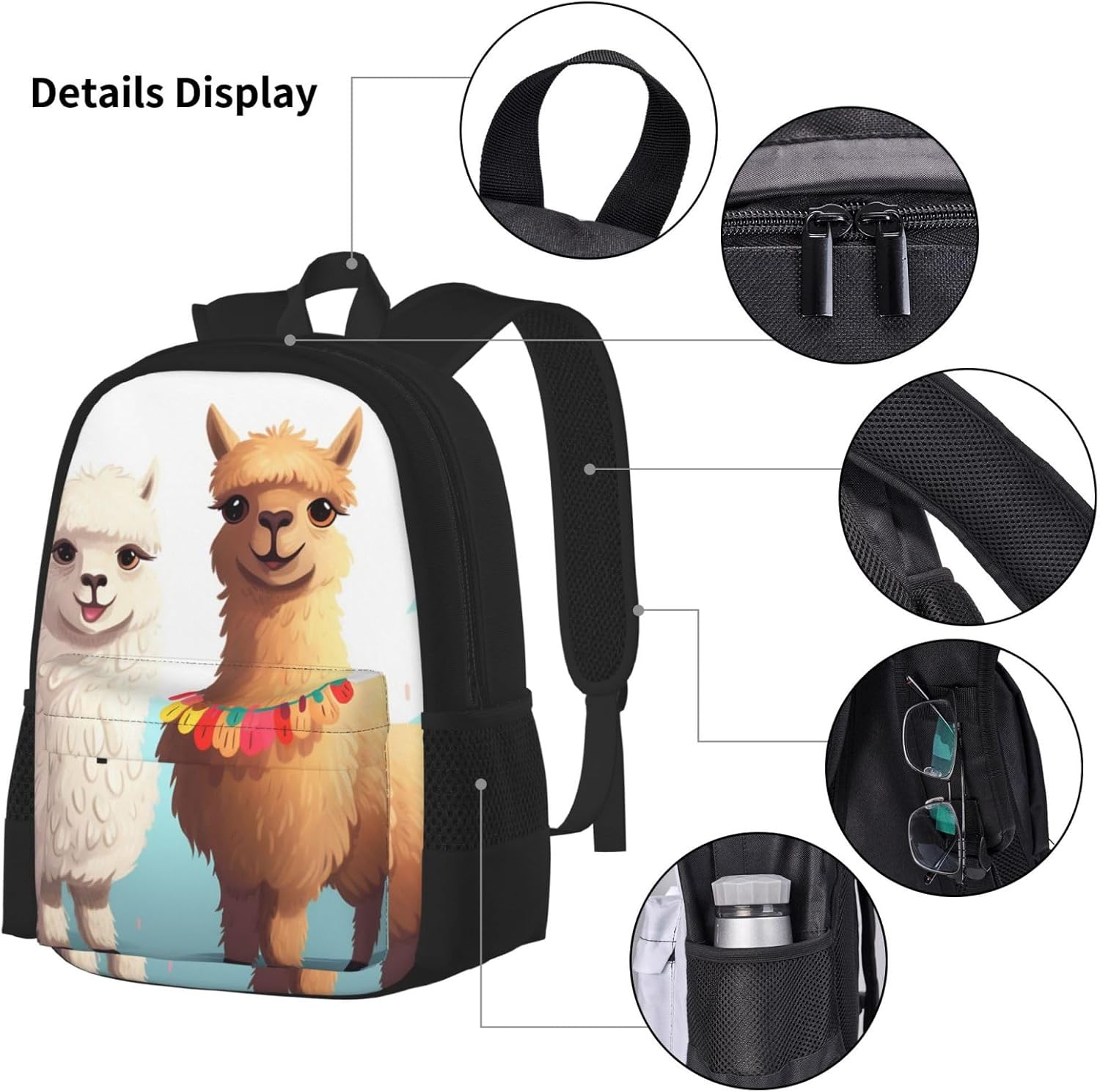 OUSIKA ラマ アルパカ プリント バックパック 3点セット カジュアル デイパック ランチボックス ペンシルケース付き レディ