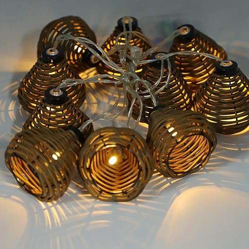 Miniatura 7 de Guirnalda de luces LED de ratán, estilo linterna de ratán, luces de patio con 10 mini bombillas, funciona con pilas, luces decorativas para
