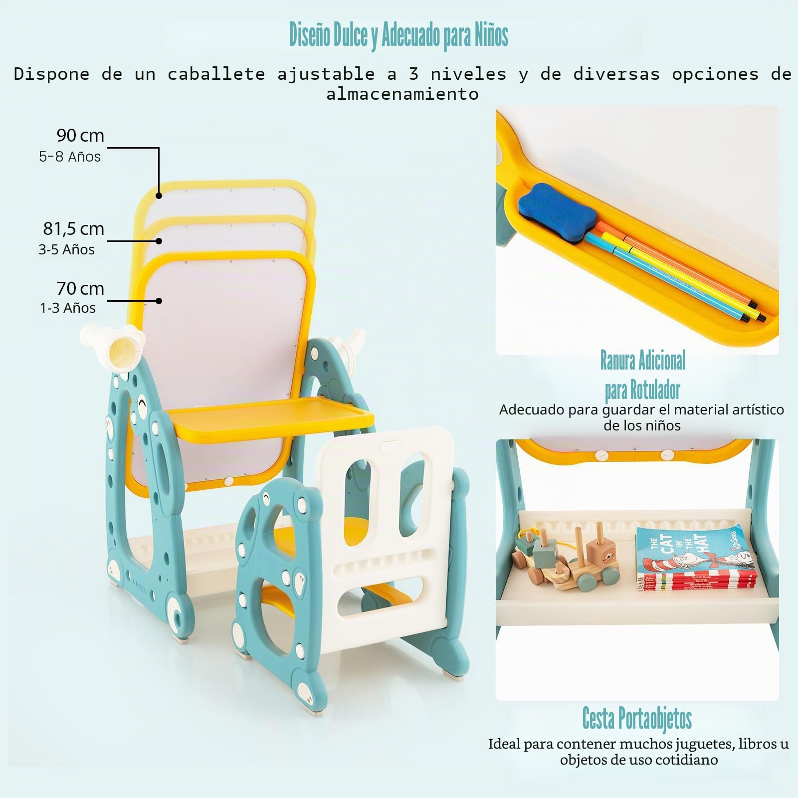 RELAX4LIFE 4 En 1 Mesa de Actividades para Niños con Silla, Caballete para Niños Regulable en Altura con Espacio de Almacenamiento, Pizarra, Telescopio y Juego de Anillos para 1-8 Años