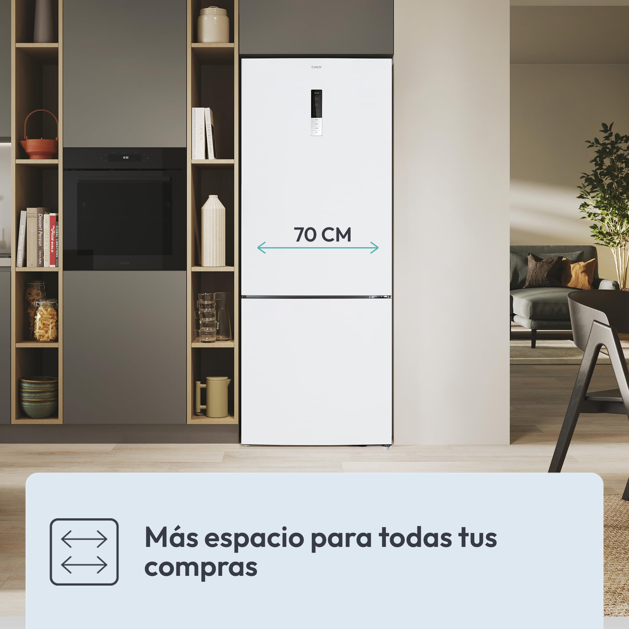Candy Combi 70 CCG5T718EW1, Frigorífico Combi, 442L, Total No Frost Circle+, 3 Estantes, 4 Balconeras, 2 Cajones Verduleros, Control Digital Interno, Ancho 70 cm, Alto 185,5cm, Iluminación LED, Blanco