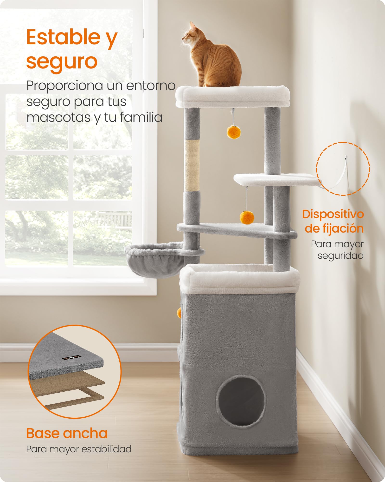 Feandrea Árbol Alto para Gatos, Altura de 152 cm, Rascador Multinivel con 2 Cuevas Grandes, una Hamaca, 3 Columnas para Arañarse, 3 Plataformas, Gris Paloma PCT007G01