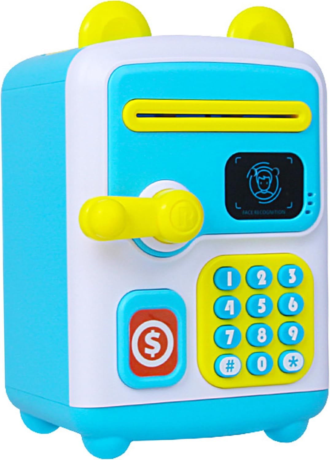 ATM Piggy Bank, Auto Scroll Paper, Face Id Password Safe Unlocking ATM Money Box, Cash and Coin Saving Box Toy Present for 3-12 Year Kids Boys Girls, Blue