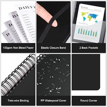 Planner Undated Daily Planner: To Do List Notebook Day Planner (A4, Black) | Spiral Hourly Planner Appointment Schedule Planner for Men and Women,PVC Hardcover,Elastic Closure, Inner Pocket 8.5 x 11
