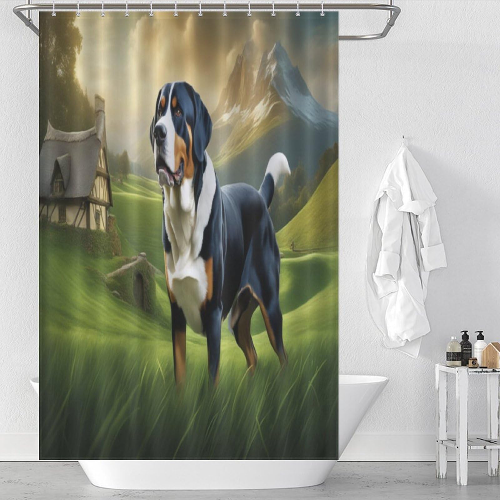Rideau de douche Chien mignon en polyester lavable 122x183cm avec 12 crochets