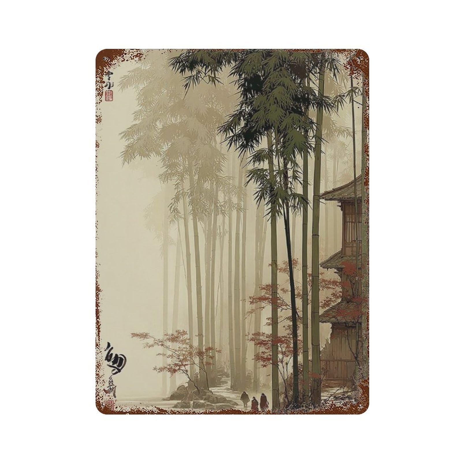 xiaoxiaoshen Japanese Bamboo Forest Misty Zen Landscape Traditional Oriental Wall Decor Art Metal Tin Poster Modern Home Decor Art Home Bar Shop Decorations Vintage Sign 40x30cm