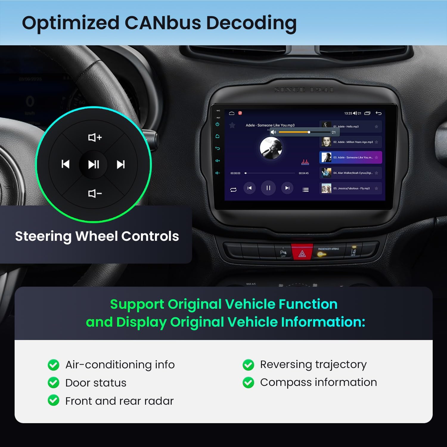 Image showing steering wheel controls and a list of original vehicle functions supported by the XTRONS car stereo, including air-conditioning info, door status, reversing trajectory, and compass information.