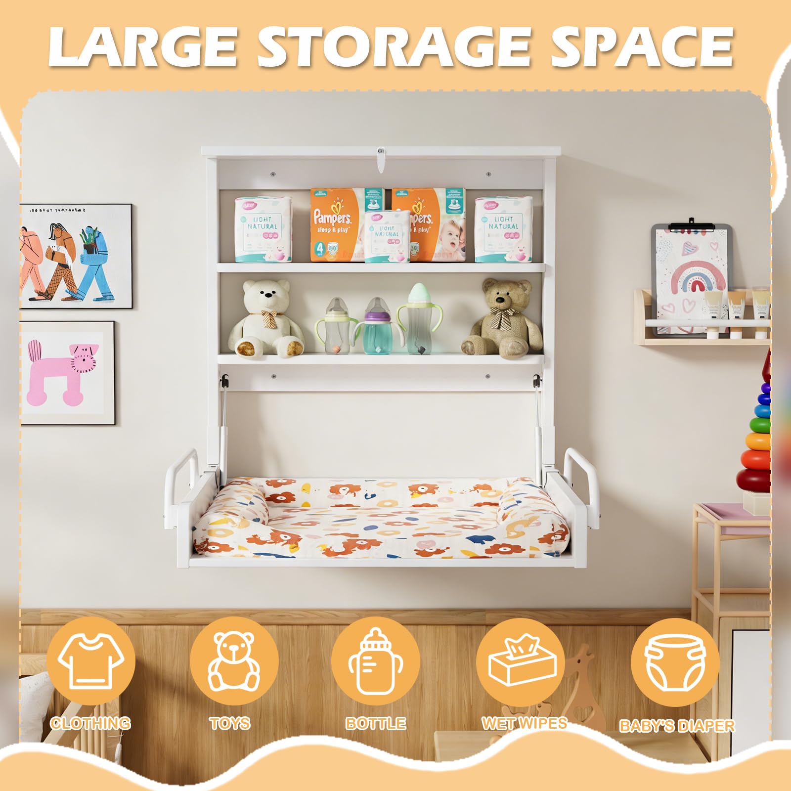 MSFE Wickelkommode Wickeltisch Klappbar, Baby Changing Table Wandwickeltisch mit 3 Regalfächern, Holz weiß
