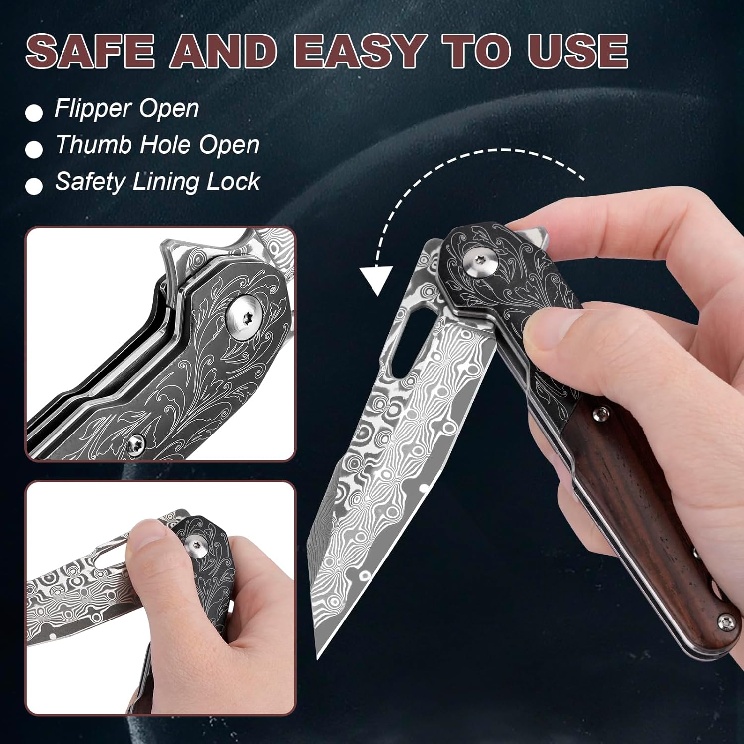 AUBEY Damascus Pocket Knife for Men, Damascus Steel Blade, Folding Knives with Wooden Handle, EDC Damascus Knife for Outdoor Camping Collection Gift