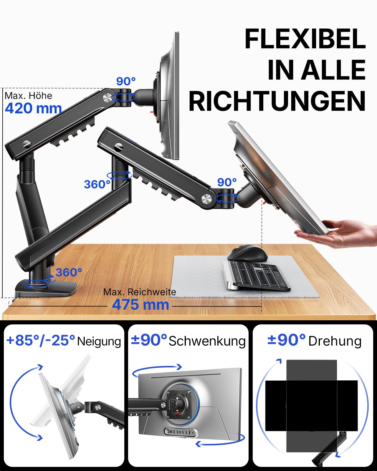 HUANUO MonitorHalterung 2 Monitore für 13–32 Zoll, MechaSpring Bildschirmhalterung bis 9 kg, FlowLift Pro Monitorarm (Neigung/Schwenk/Rotation) werkzeuglos montierbar VESA 75/100 mm, für Gaming&Office