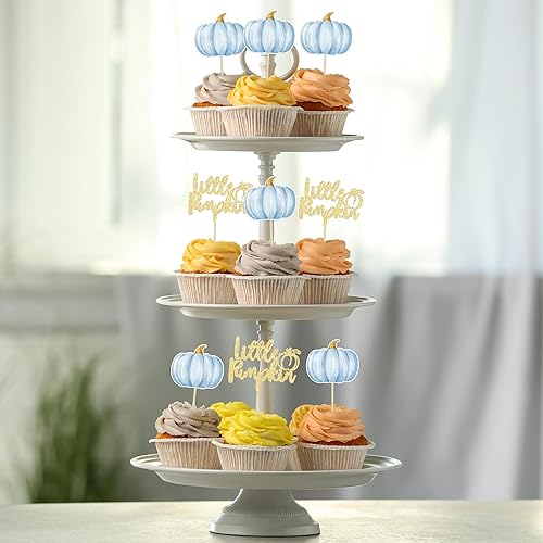 Miniatura 6 de Gyufise 24 adornos de calabaza para cupcakes de calabaza azul, decoración de pastel de revelación de género para Acción de Gracias, cumpleaños, baby