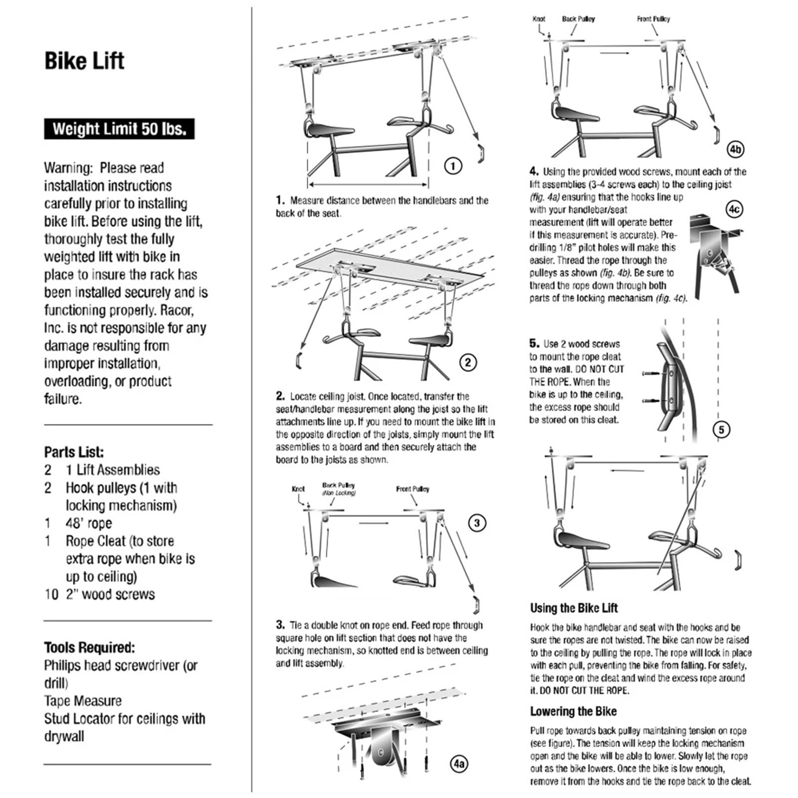 Kajak-deckenlift Fahrradaufzug, Garagenaufbewahrung, Fahrradlift-Flaschenzugsystem mit 60 kg tragender Überkopf-Fahrradhalterung, Deckenaufhänger for Fahrradkajaks Garagen-lagerlift