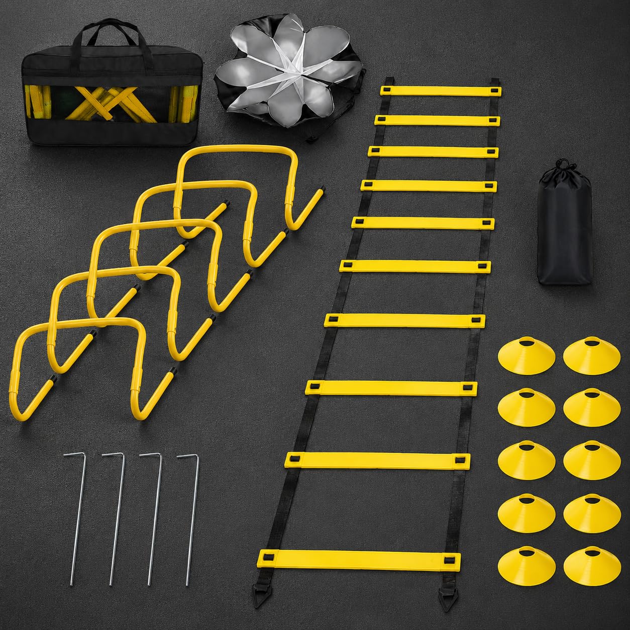 Fussball Trainingszubehör Koordinationsleiter, Agility Set mit Markierungen & Widerstandsschirm, PVC, Gelb, für Sportler