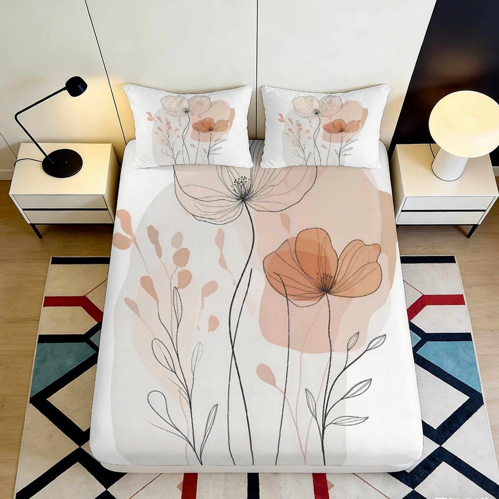 3D Printed Watercolor Floral Fitted Sheet Microfiber Soft Peach Blossom Bed Cover for Bedroom Living Room Decor 90x200x25cm