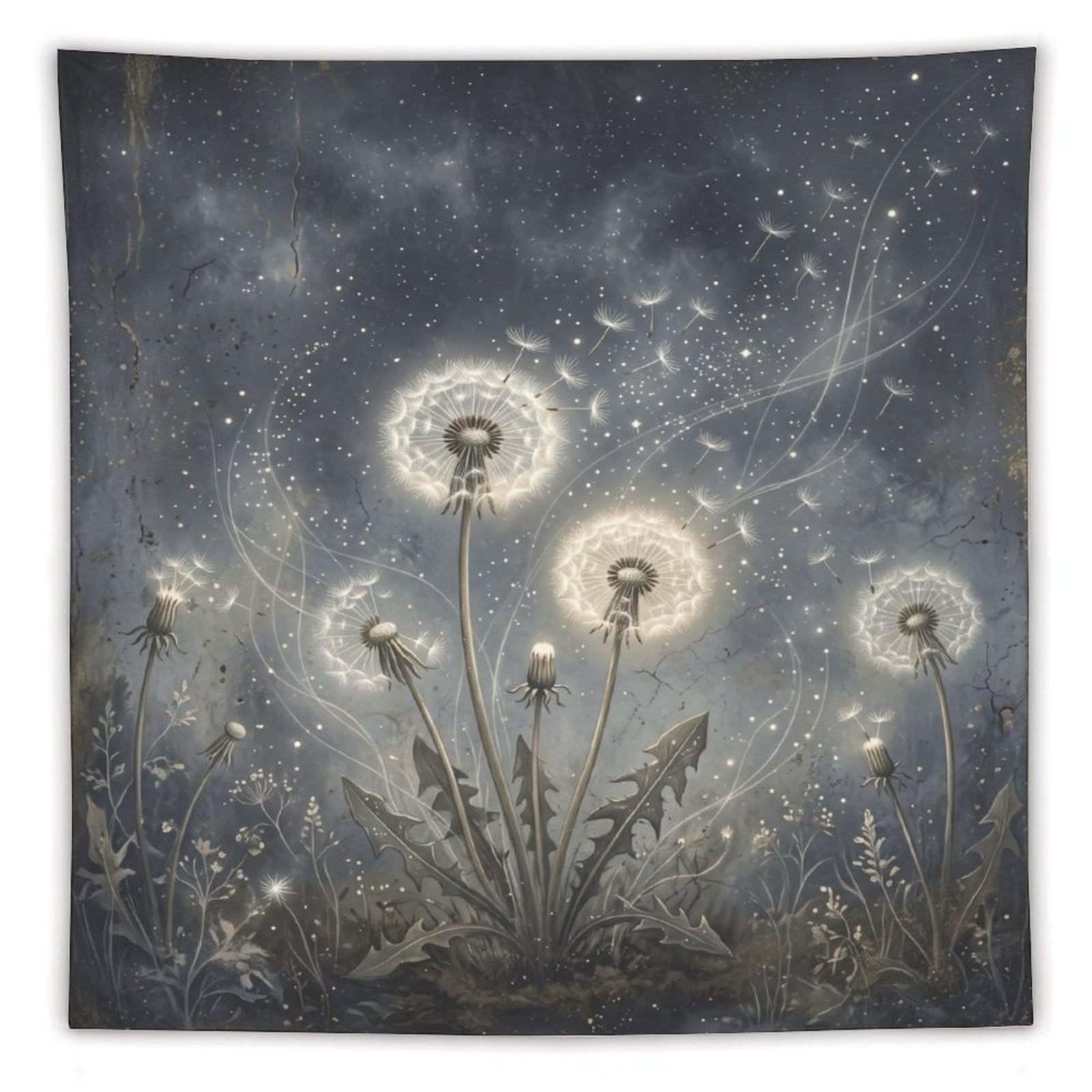 Dandelion Moon Wall Tapestry, Fantasy Illustration, Botanical Stems