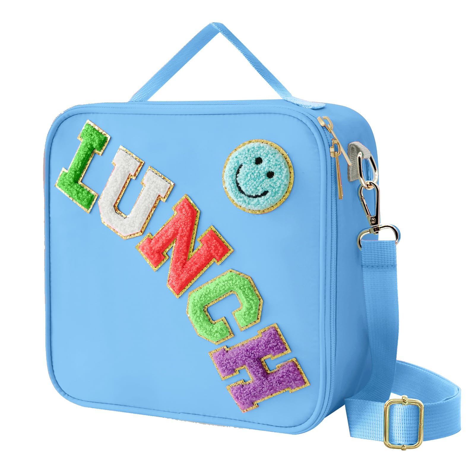 Insulated Lunch Bag With Adjustable Shoulder Strap, Nylon Preppy Lunch Box Large Insulated Lunch Bag Reusable Lunch Tote Bag with Smiley Preppy