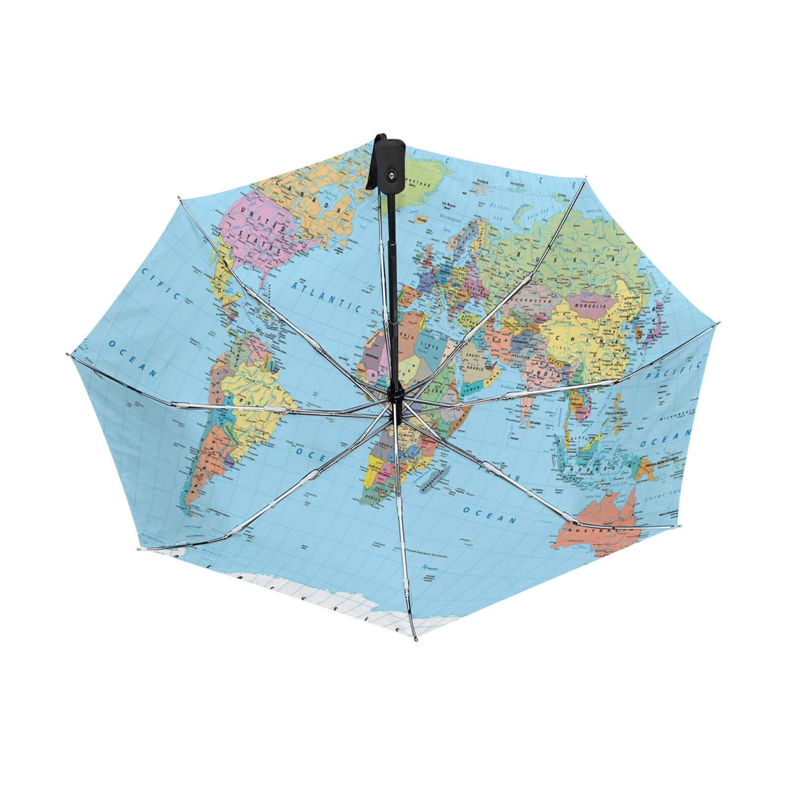 Poeticcity Turquoise Colorful World Map With Ocean Background Auto Open/Close Folding Umbrella, Strong Inner Print Travel Rain Umbrella, Portable Automatic Compact Anti-Uv Sun Parasol