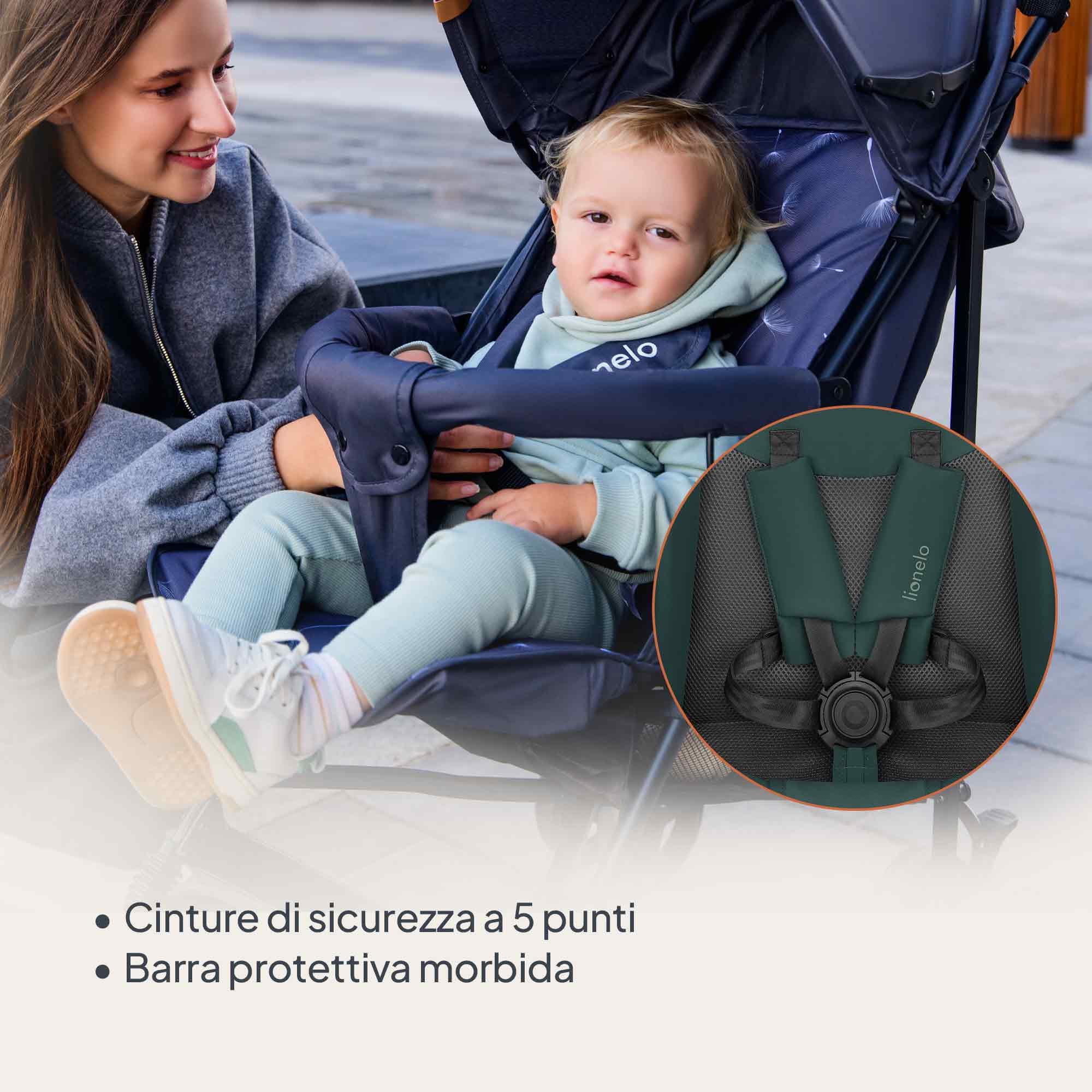 LIONELO ELIA Passeggino Leggero Pieghevole e Compatto da Viaggio per Bambini, Schienale Reclinabile Sdraiato, Cinture a 5 Punti, Cappottina UV e Grande Cestino Portaoggetti, 6-36 Mesi fino a 15 kg