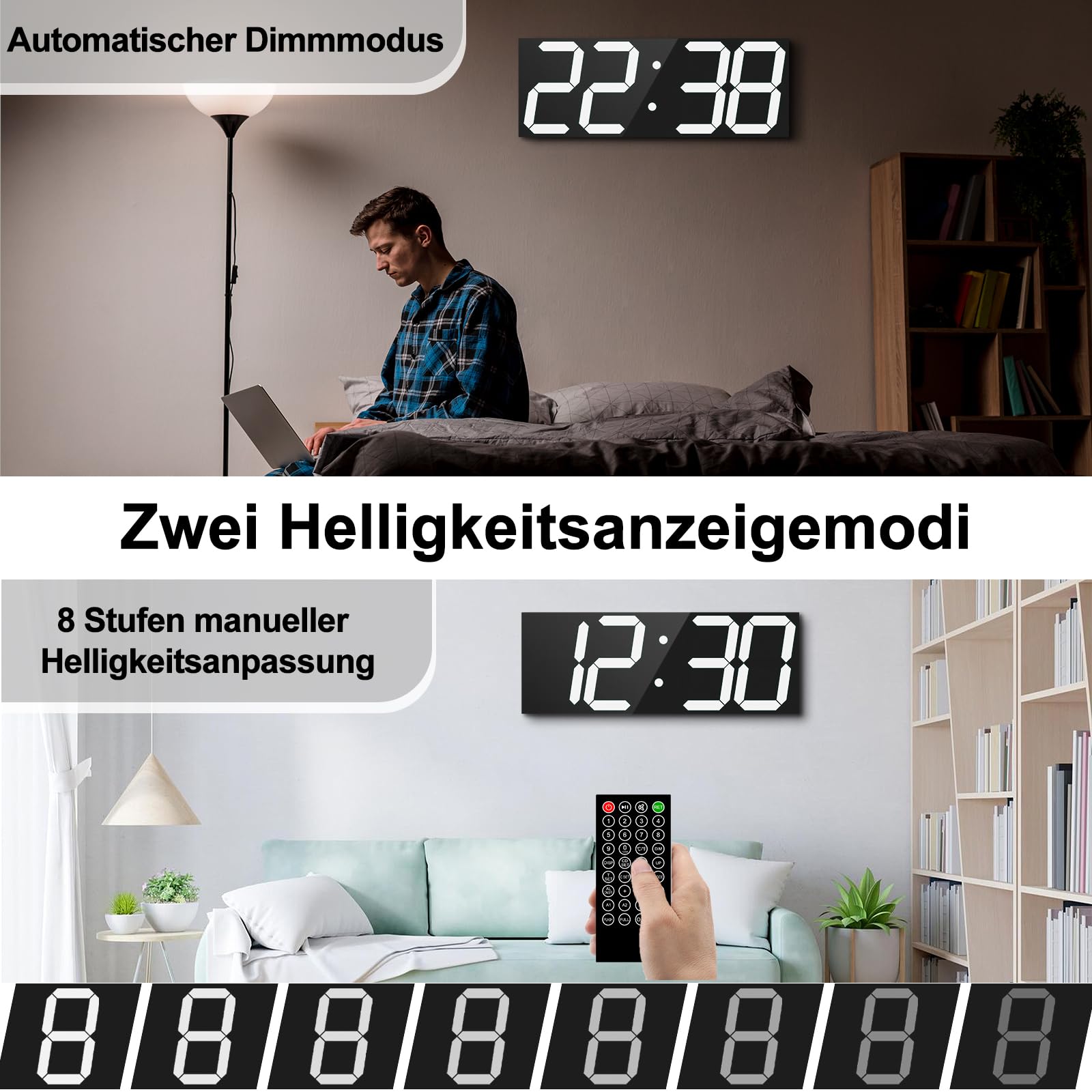 Automatische digitale Wanduhr, 47 cm, LED-Digitaluhr mit großem Display, multifunktionale Wanduhr mit Alarm und Timer, automatische Zeitsynchronisation, Uhr mit einstellbarer Helligkeit (weiß)