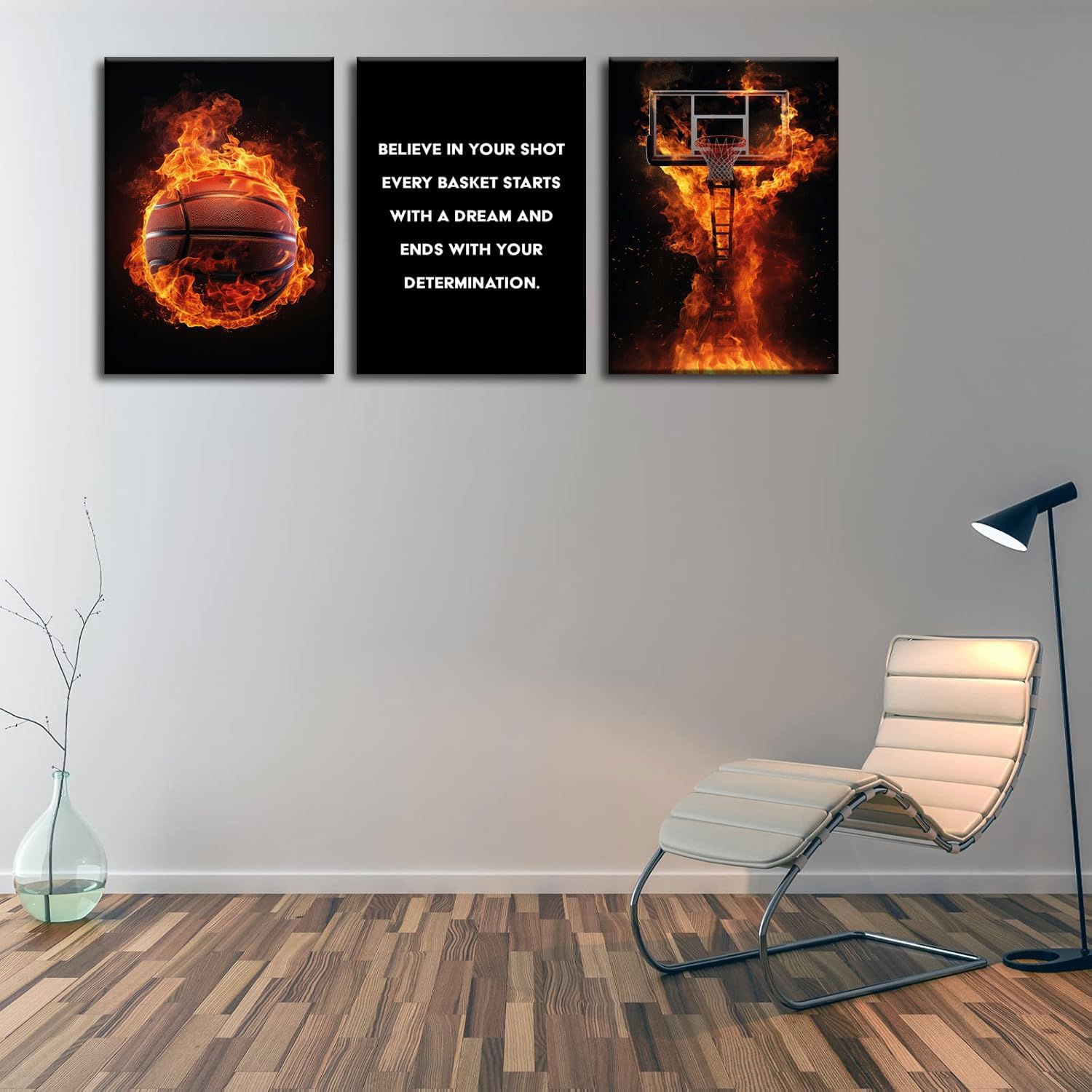 3Pcs Basketball Canvas Wall Art Basketball Court Black Wall Decor Picture flame Basketball Inspirational Quotes Poster Print Artwork for Gym Teen Boys Room Decortion 12x16in Framed