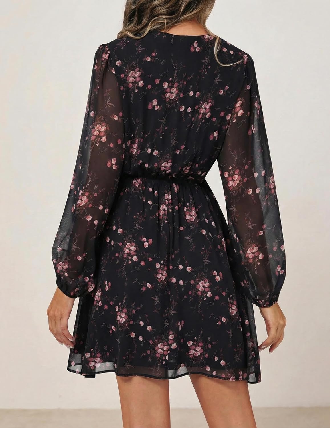 DERAX Women's Boho Floral Mini Dresses Fall V Neck Chiffon Long Peasant Sleeves 2026 Spring Short Dress - Image 3