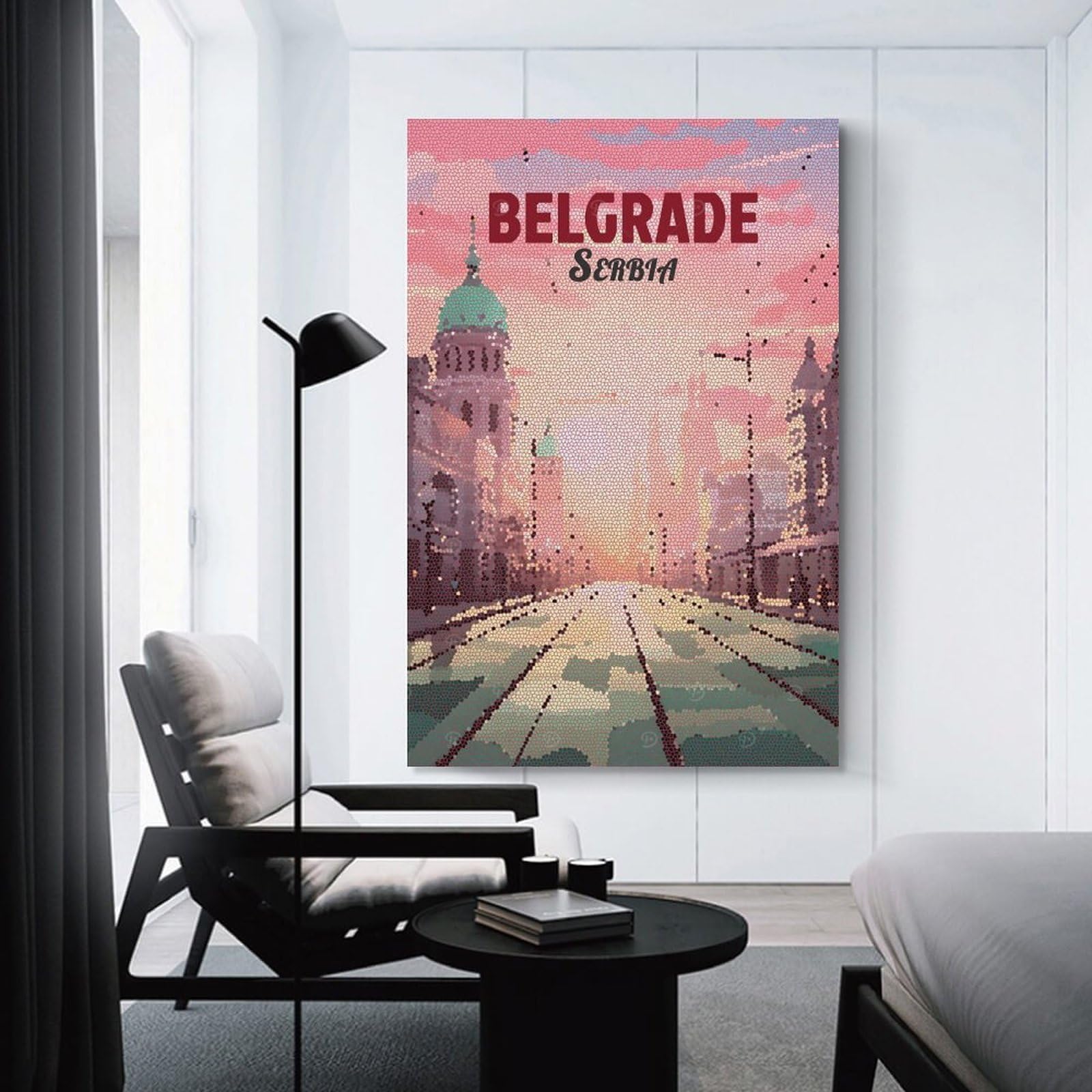 Junmoney Belgrade, Serbia Mosaic Cityscape Canvas Wall Decor, 24x36inch(60x90cm), for Bedroom, Guest Room Or Reading Nook, Canvas Wall Decor for Personal Spaces