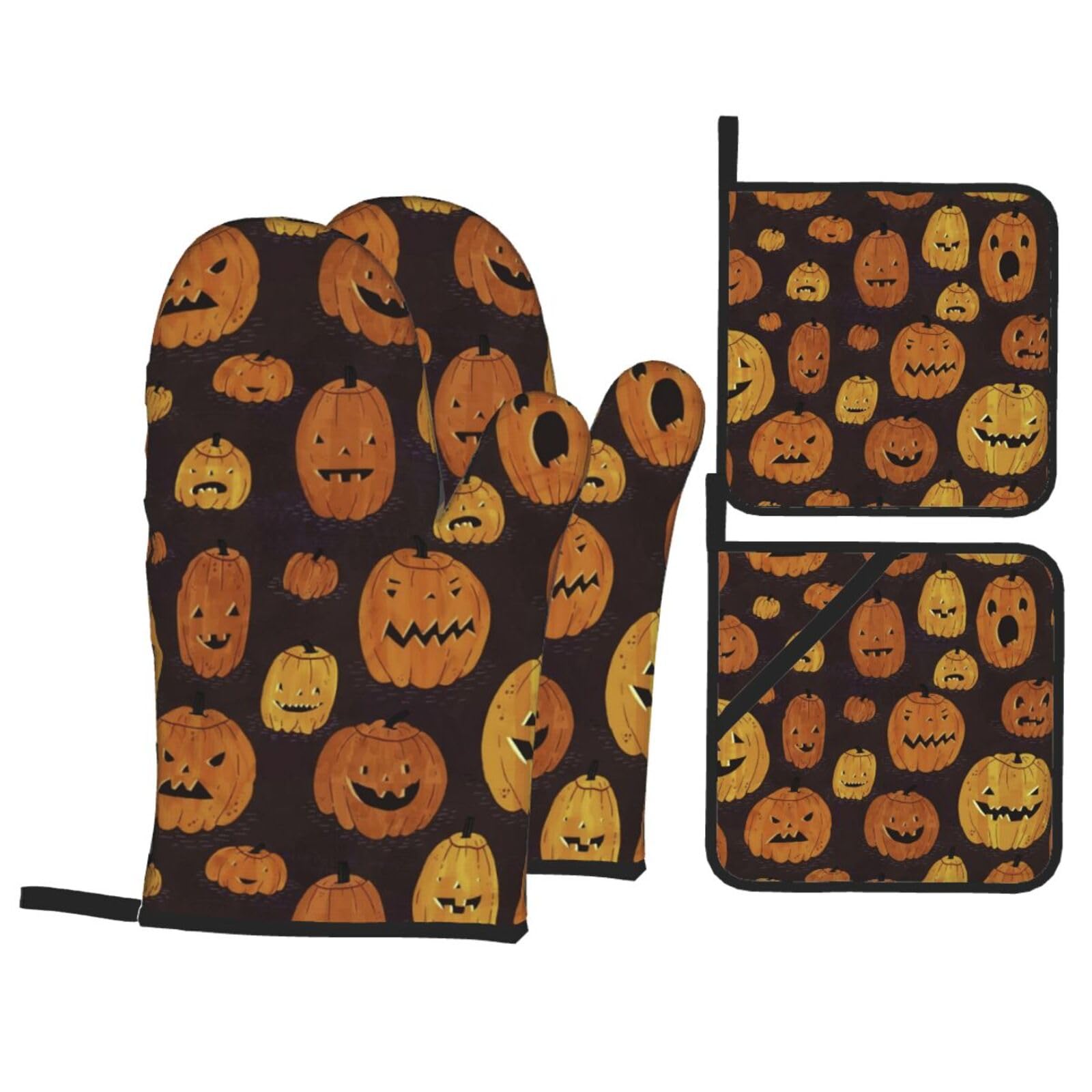 Halloween Pumpkin Print 4-Piece Oven Microwaving Set Waterproof Kitchen Gloves for Baking Grilling Cooking