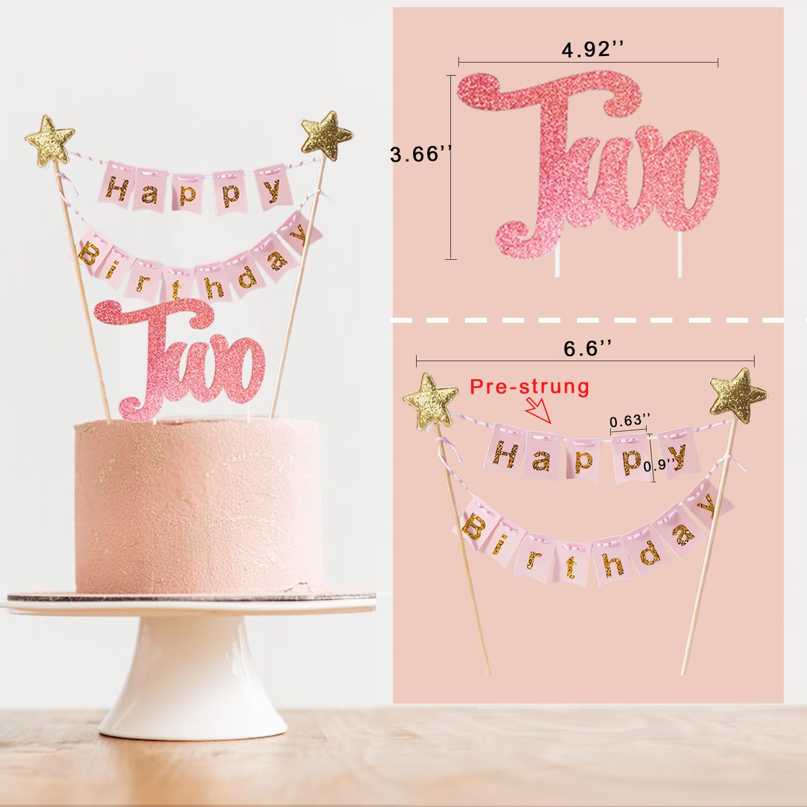 2-teiliger 'Happy Birthday' Cake Topper – Gold-Glitzer-Banner Mit Sternen – Rosa Für Geburtstagskuchen & Tischdeko