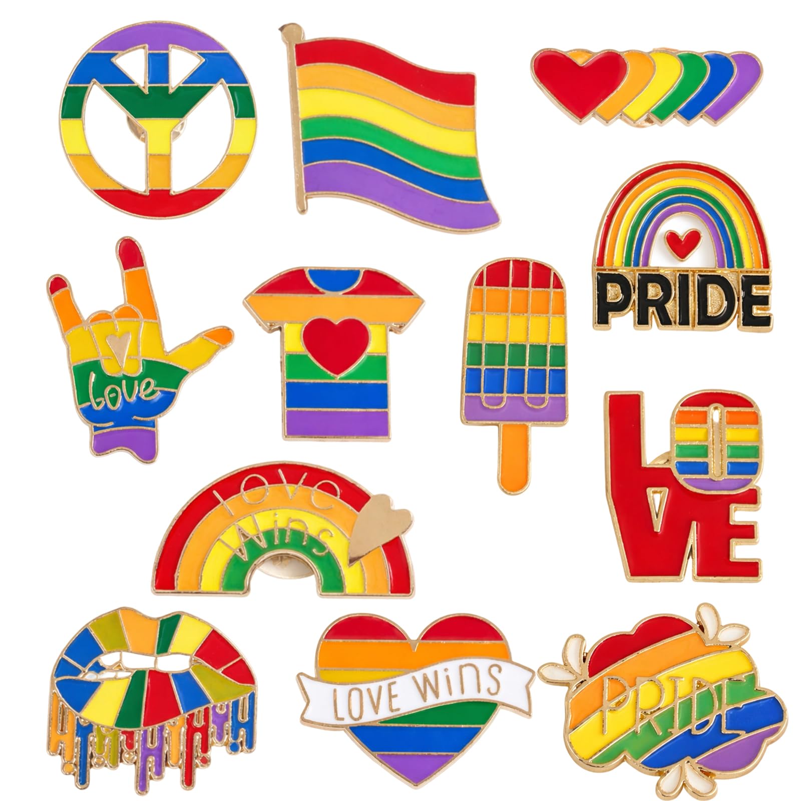 Pride Badge, Pride Pins and Pride Accessories for LGBTQ Events, 12-Piece Pride Month Collection with Rainbow Pin Designs, Safe Space and Ally Pins for Clothing Decoration, 15x10 mm Dimensions