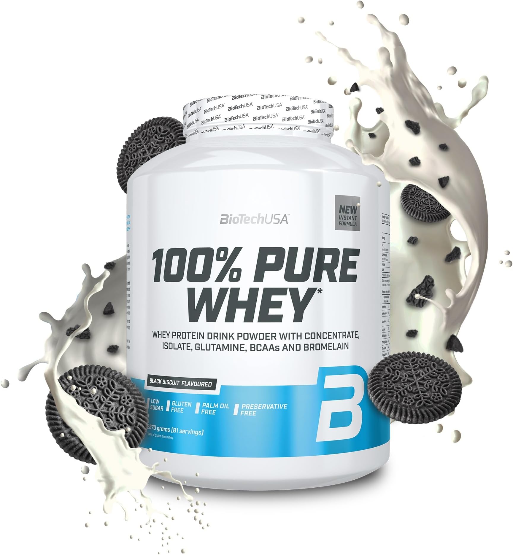 100% Pure Whey Protein Complex with bromelain Enzyme, Amino acids, Sugar and sweeteners, Palm Oil Free, 2.27 kg, Black Biscuit
