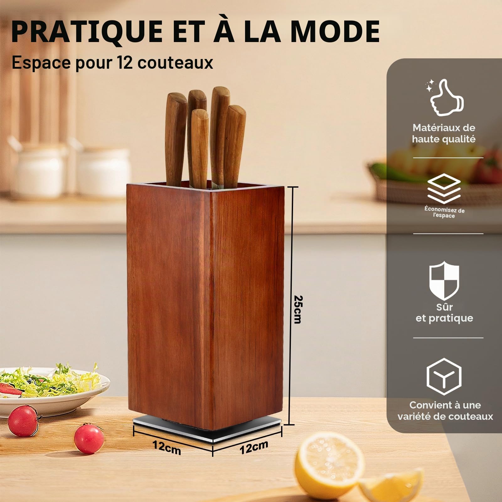 Gowkeey Bloc Couteau Cuisine, Range Couteaux Cuisine, Porte Couteau, Blocs Couteaux Vides, Support Couteau Cuisine Bois, Bloc à Couteaux Magnétique, Rangement Poils, Universel, 25x12x12 cm, Nature