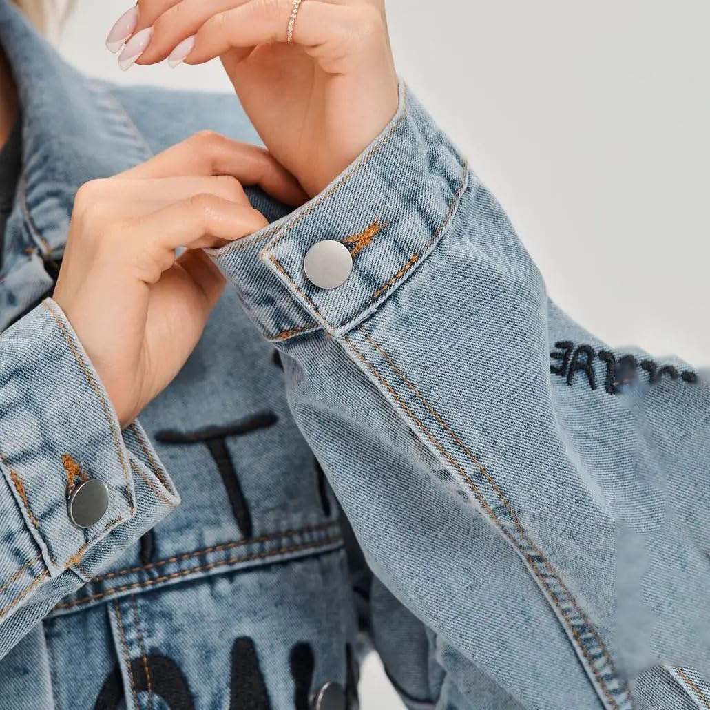 Wuitrie Womens Oversized Denim Jacket Casual Letter Print Long Sleeve Button Down Vintage Jeans Boyfriend Coat With Pockets