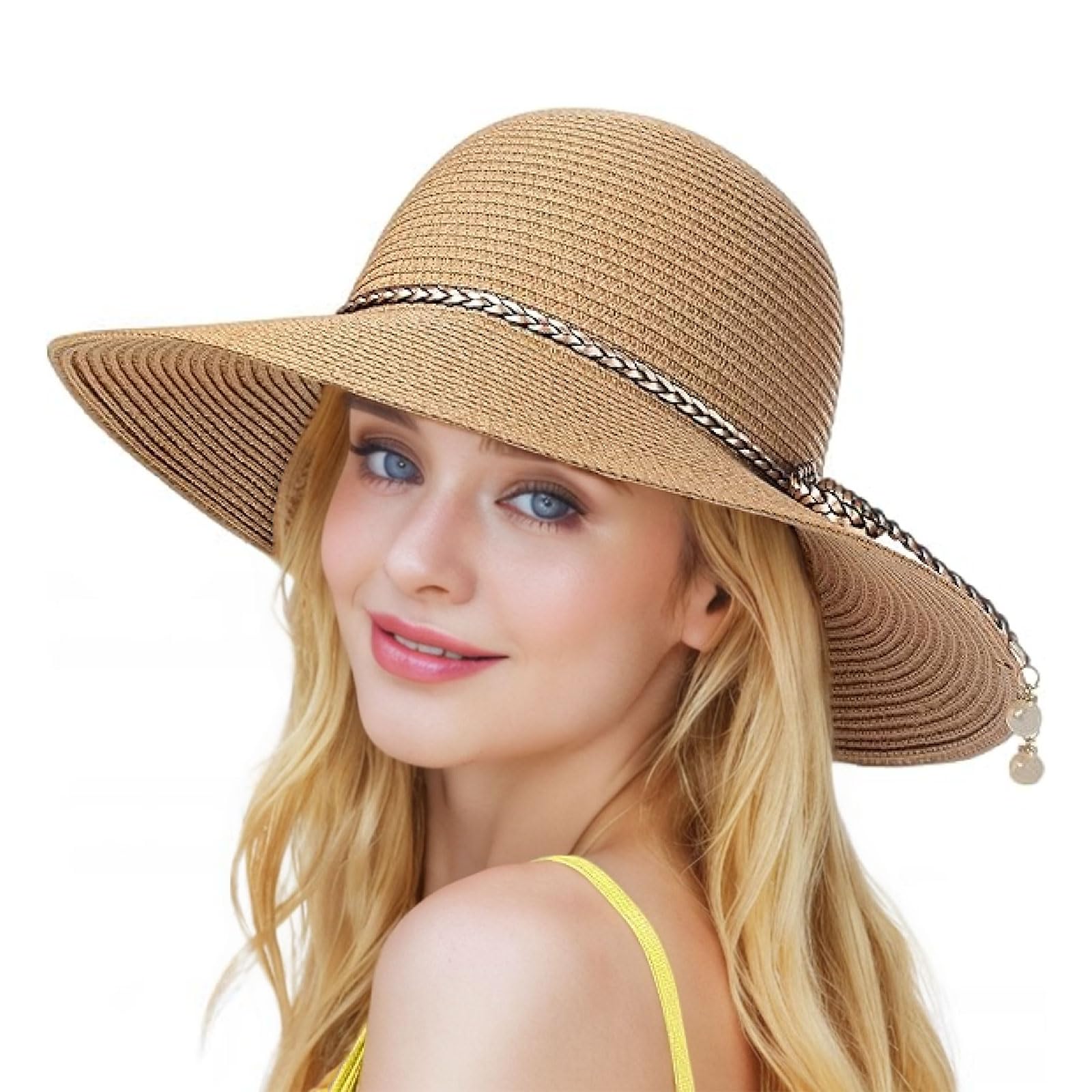 BelleVive Chapeau de Soleil pour Femmes - Protection UV 50+, Paille d'Été, Repliable à Large Bord