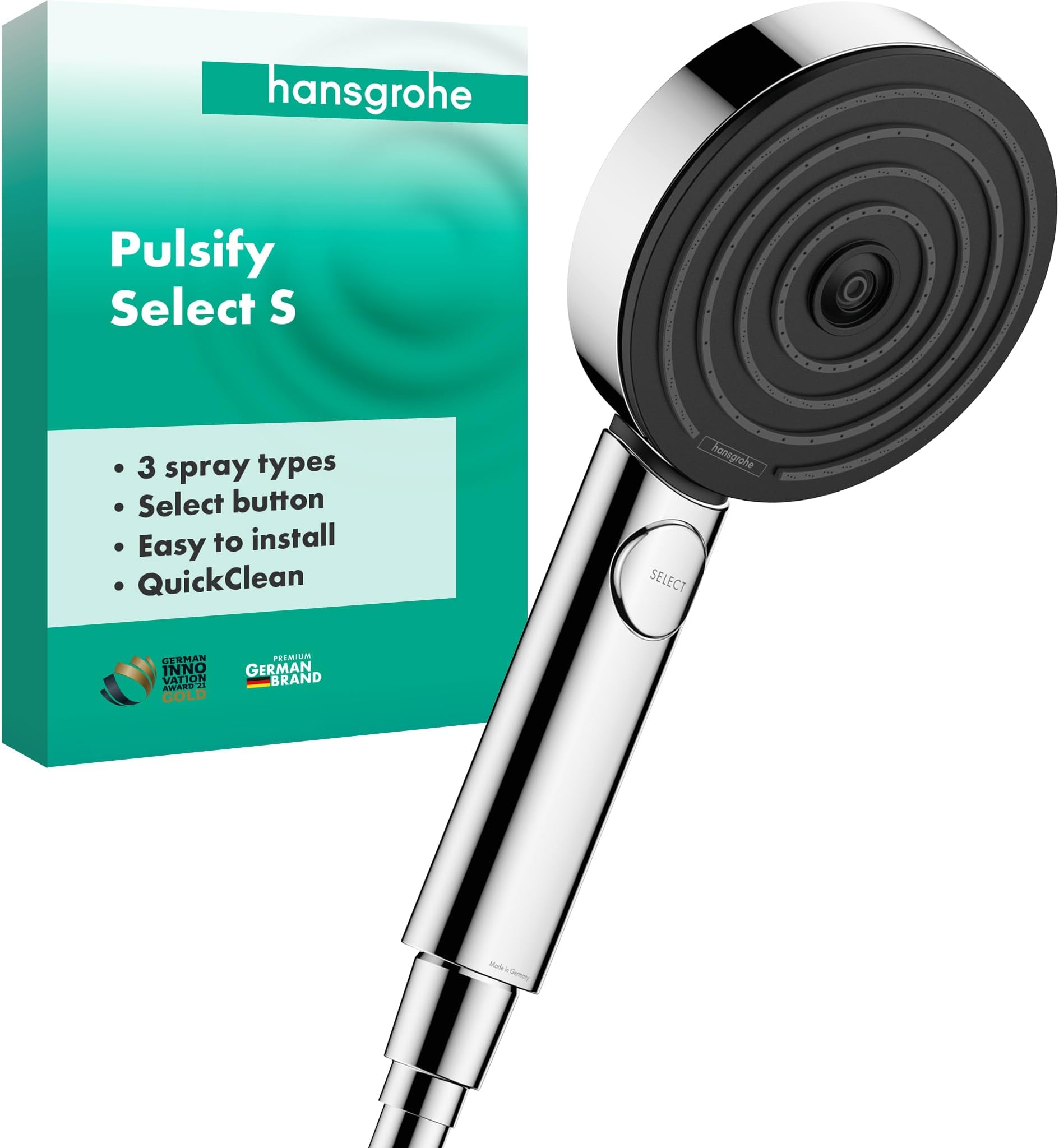 Pulsify Select - water-saving shower head 9 l/min (EcoSmart), hand shower round (⌀ 105 mm) with 3 sprays (Relaxation version), with anti-limescale function, chrome, 24110000