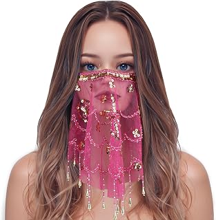 Belly Dance Face Veil, Women's Belly Dance Tribal Face Veil with Sequins for Halloween Costume Accessory, Party