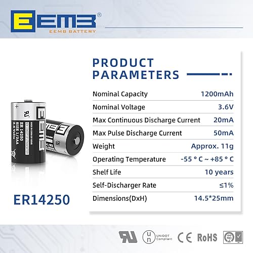 Miniatura 2 de EEMB 1/2 AA Tamaño 3.6V Baterías de litio ER14250 LS14250 3.6Volt 1200mAh Batería de un solo uso 4Pack