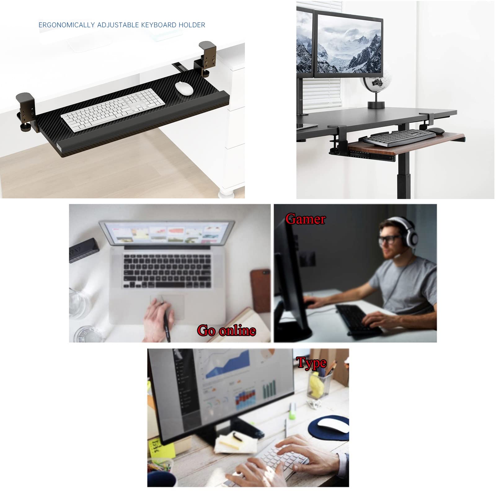 Ergonomische Tastaturablage unter dem Schreibtisch mit Handgelenkauflage, kein Bohren, ausziehbare Tastaturschublade, 75 x 24 cm, Schwarz