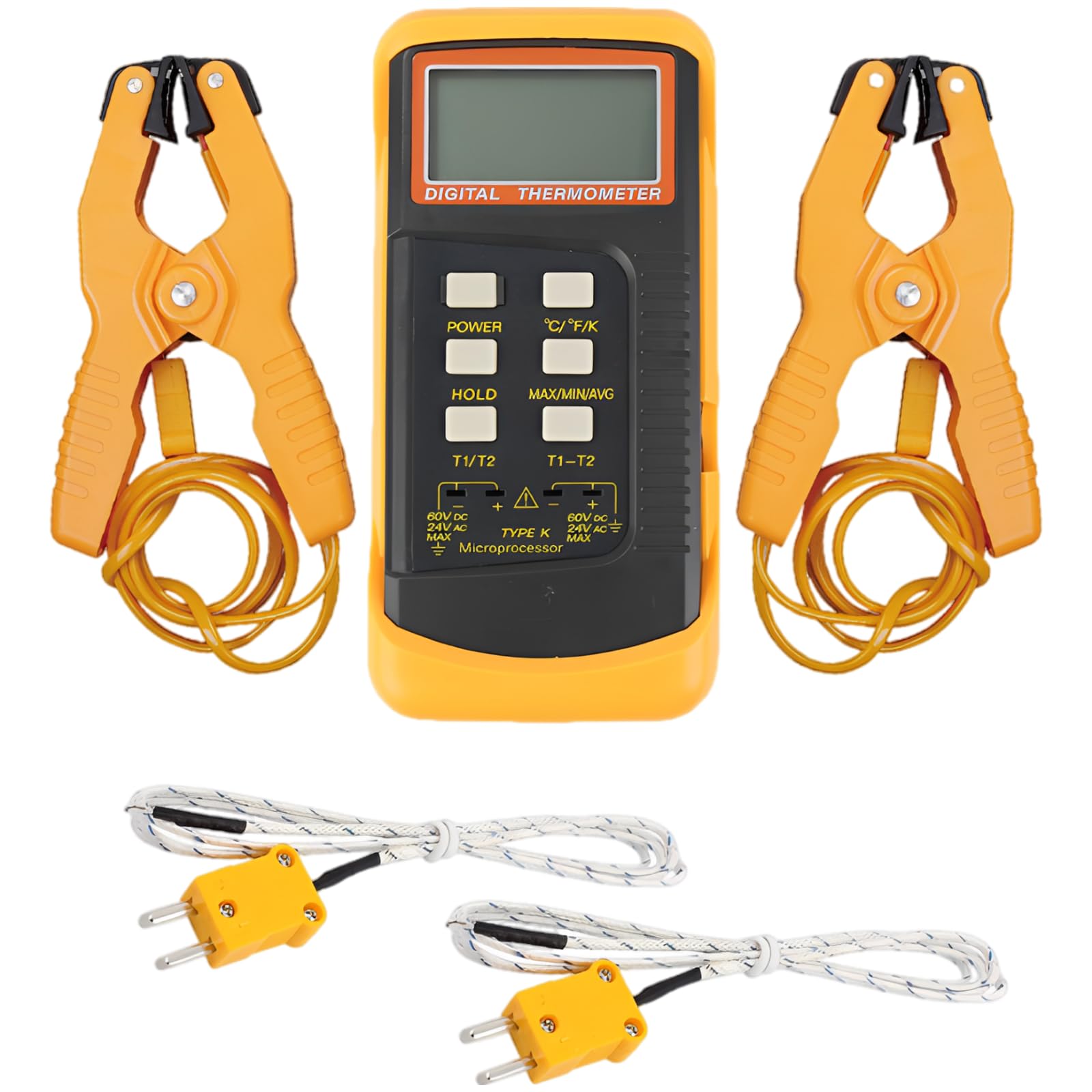 Dual-Kanal-Digitalthermometer mit K-Typ-Thermoelement, Metalltemperaturfühlern und Temperaturklemmen, Echtzeitberechnung der Temperaturdifferenz, LCD-Anzeige, ℃/℉/K umschaltbar