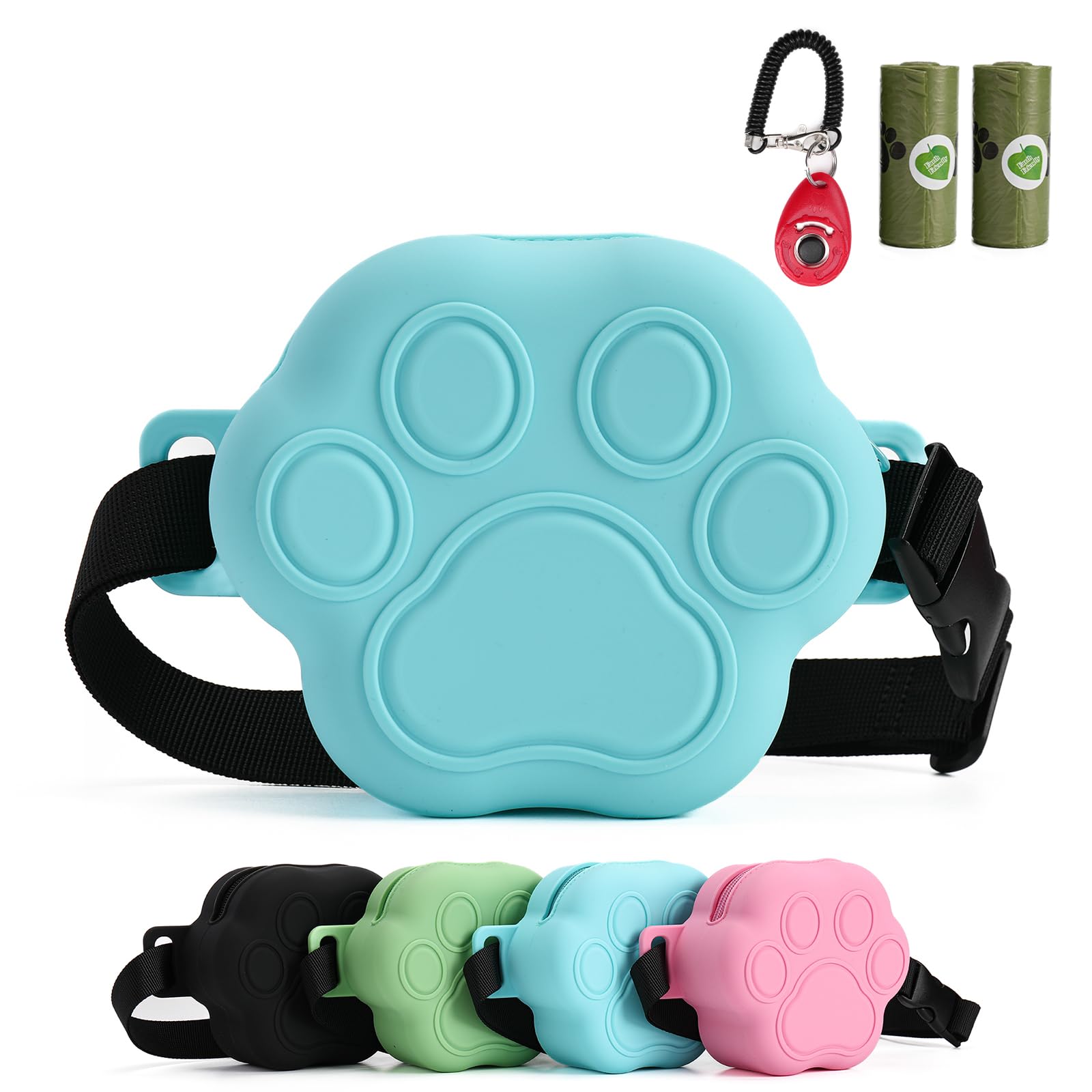 EPETKO Dog Treat Pouch and Training Clicker, 1.8-Cup Capacity Silicone Dog Food Pouch with Unique Paw Print Design, Detachable Waist Strap Treat Bags for Pet Training Walking