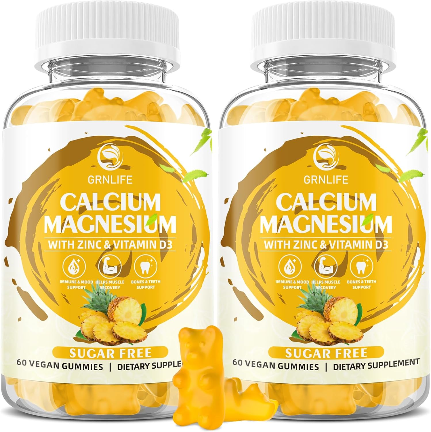 Calcium Magnesium Zinc Gummies with Vitamin D3, Sugar Free Calcium Gummies for Women Men, High Potency Magnesium Gummies for Bone & Muscle & Immune Health, Pineapple Flavor – 120 Count