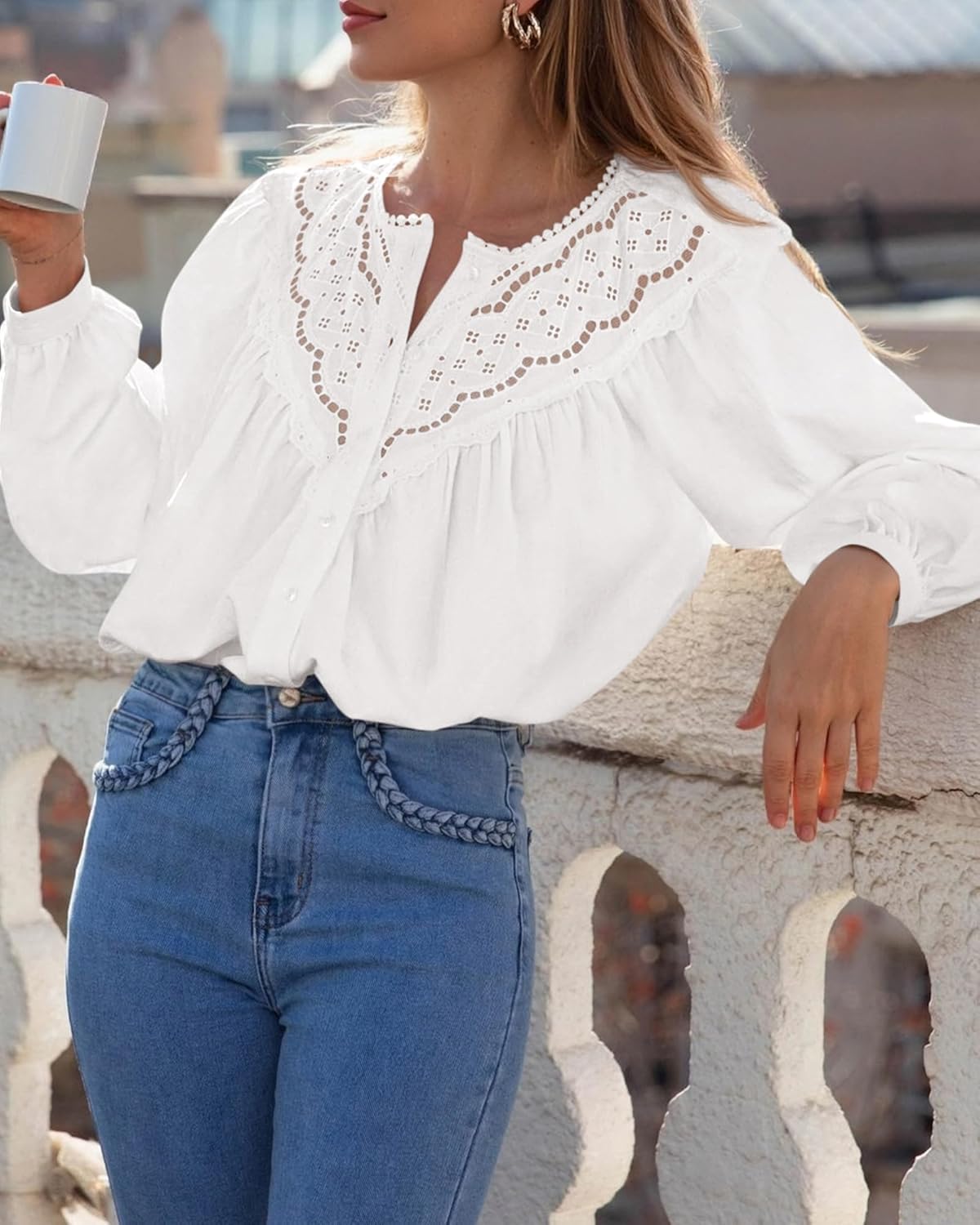 BTFBM Blouses for Women Dressy Casual Fall Clothes 2025 Lace Long Sleeve Tops Lightweight Spring Button Down Shirts - Image 5