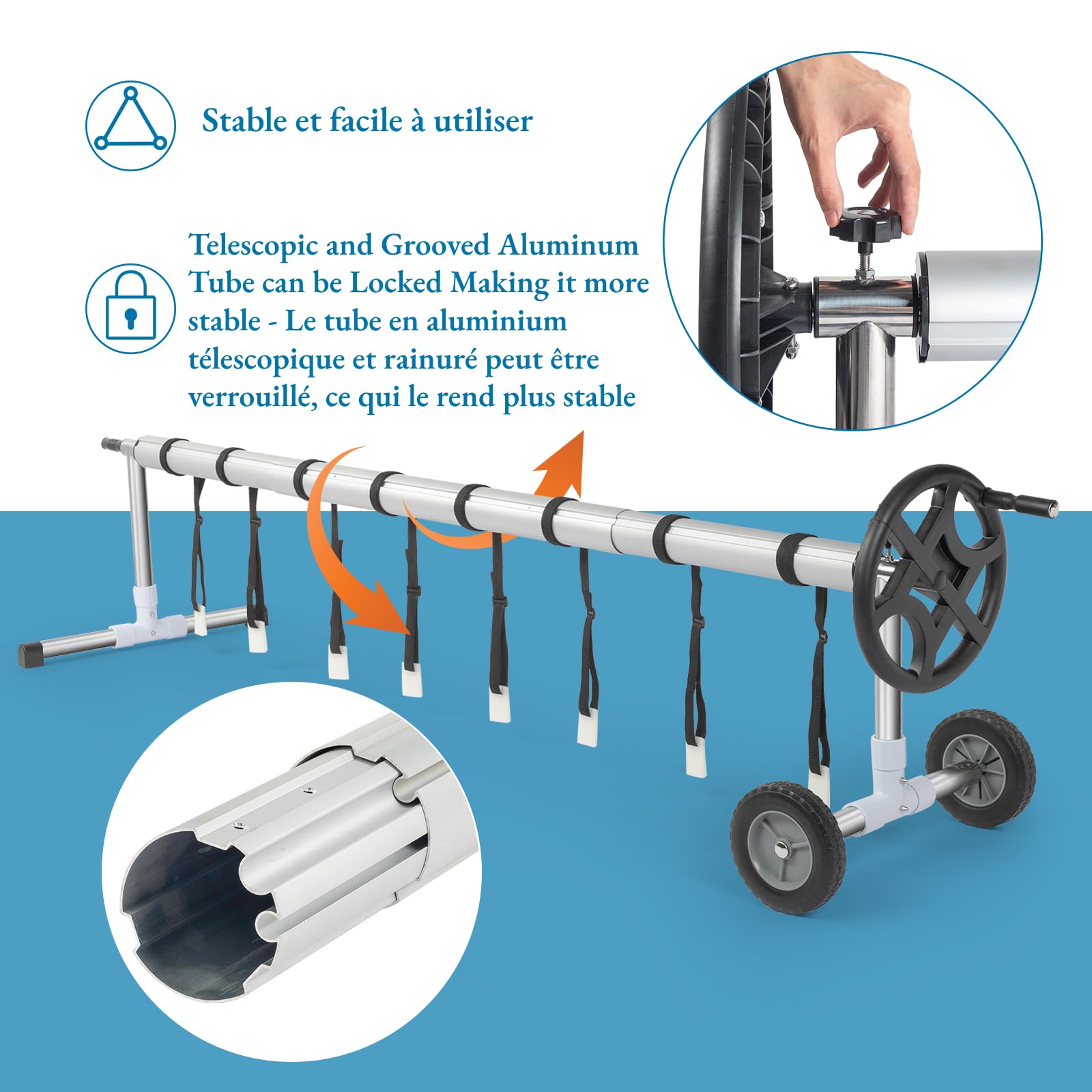 LEADZM Enrouleur de Bâche de Piscine 3,6-5,5m,Professionnel en Aluminium Premium,Système d'enroulage pour Bâche Solaire,Télescopique Enrouleur Mobile,avec Roues Pleines,Argent Noir