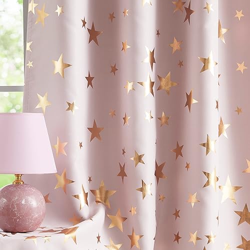 Cortinas opacas con estampado de estrellas doradas y rosas, con aislamiento térmico para niñas, niños, adolescentes, dormitorio, cortinas de ventana