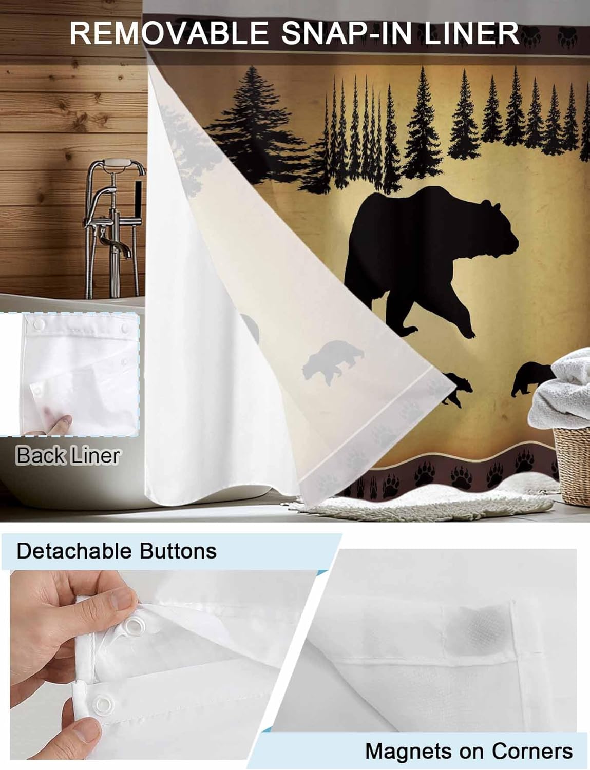 No Hook Black Bear Shower Curtain with Snap in Liner Set, Vintage Animals Farmhouse Pine Brown Forest Waterproof Fabric Bathroom Curtains with See Through Top Window, Modern 60 x 72 Inch
