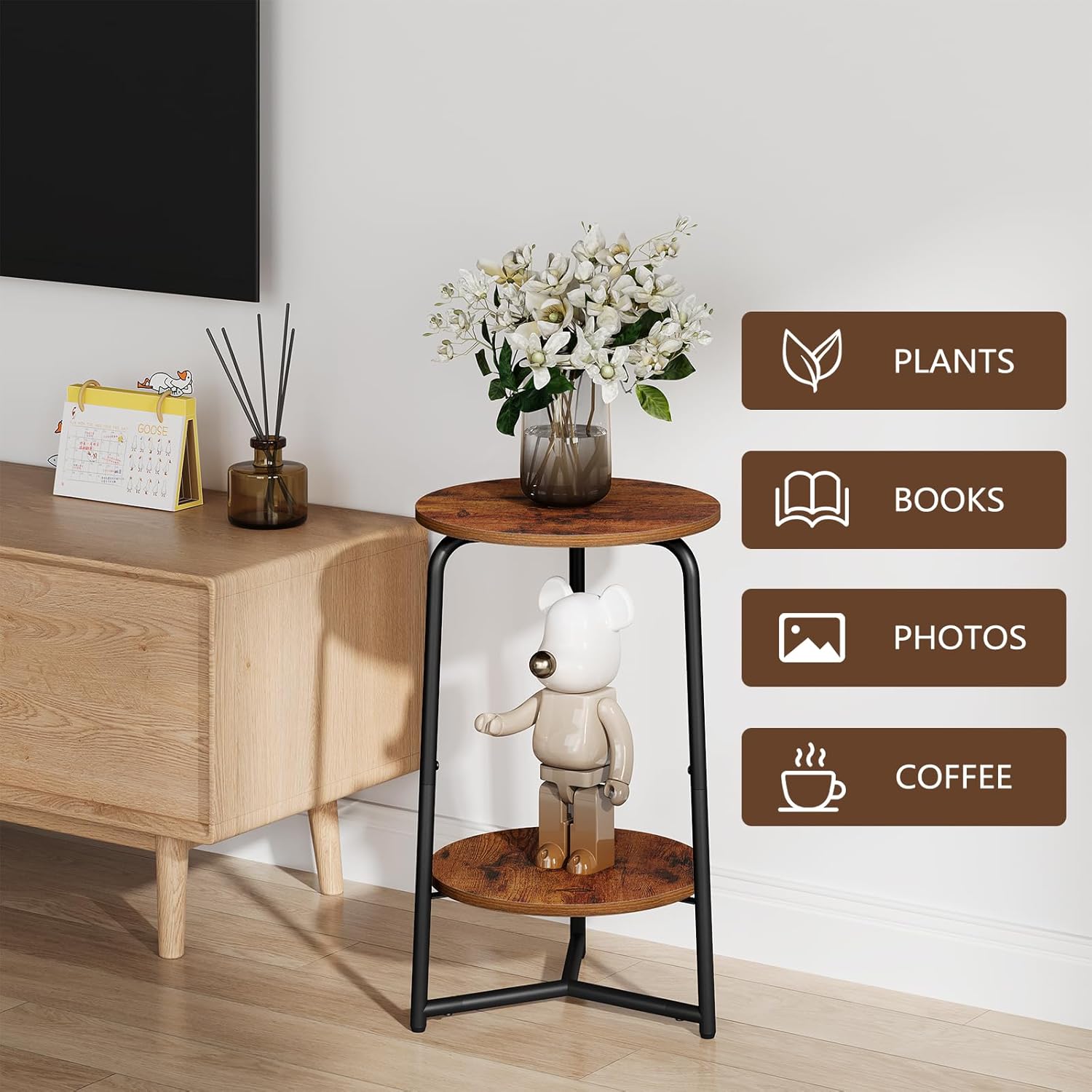 YINMIT Plant Stand Indoor, 2 Tier Small Plant Stand, Metal Wood Plant Shelf Holder, Corner Flower Pot Stands for Balcony Garden Patio Living Room, Rustic Brown Flower Stand for Indoor Plants