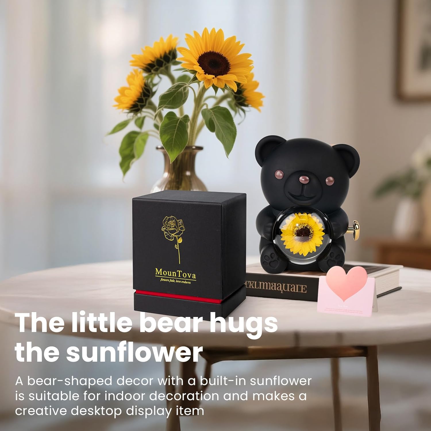 Gifts for Women Birthday Valentines Day, Lucky Sunflower Bear with Necklace & Gift Box for Mom Daughter Sister, Anniversary Wedding Gift for Wife Girlfriend, Surprise Jewelry Box, Black - Image 7
