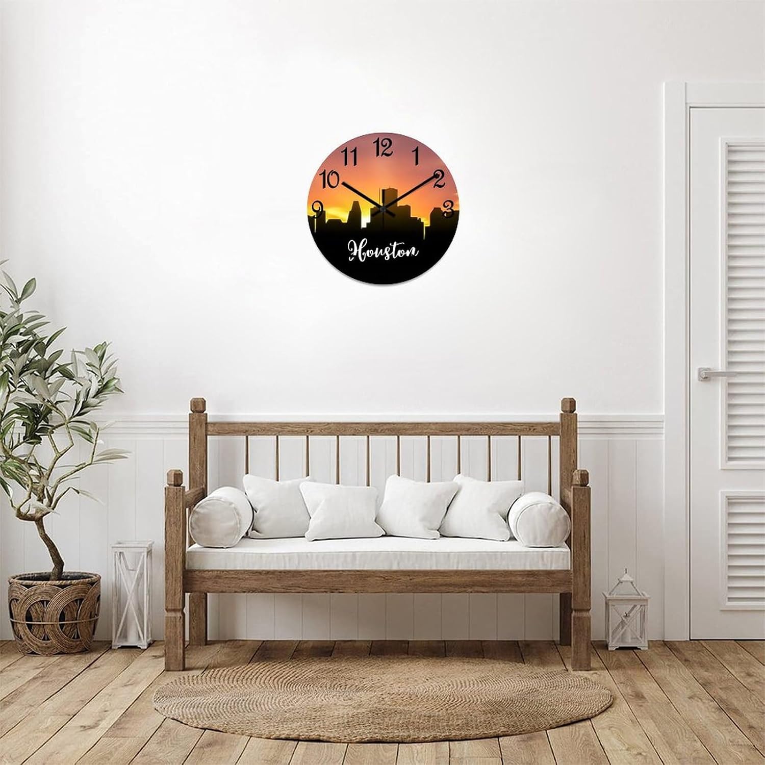 Decorative Wall Clock Houston Wall Clock Houston City View Wooden Clocks Silent Battery Operated 12 Inch Shabby Chic Retro Round Clock for Kitchen Bedroom Office
