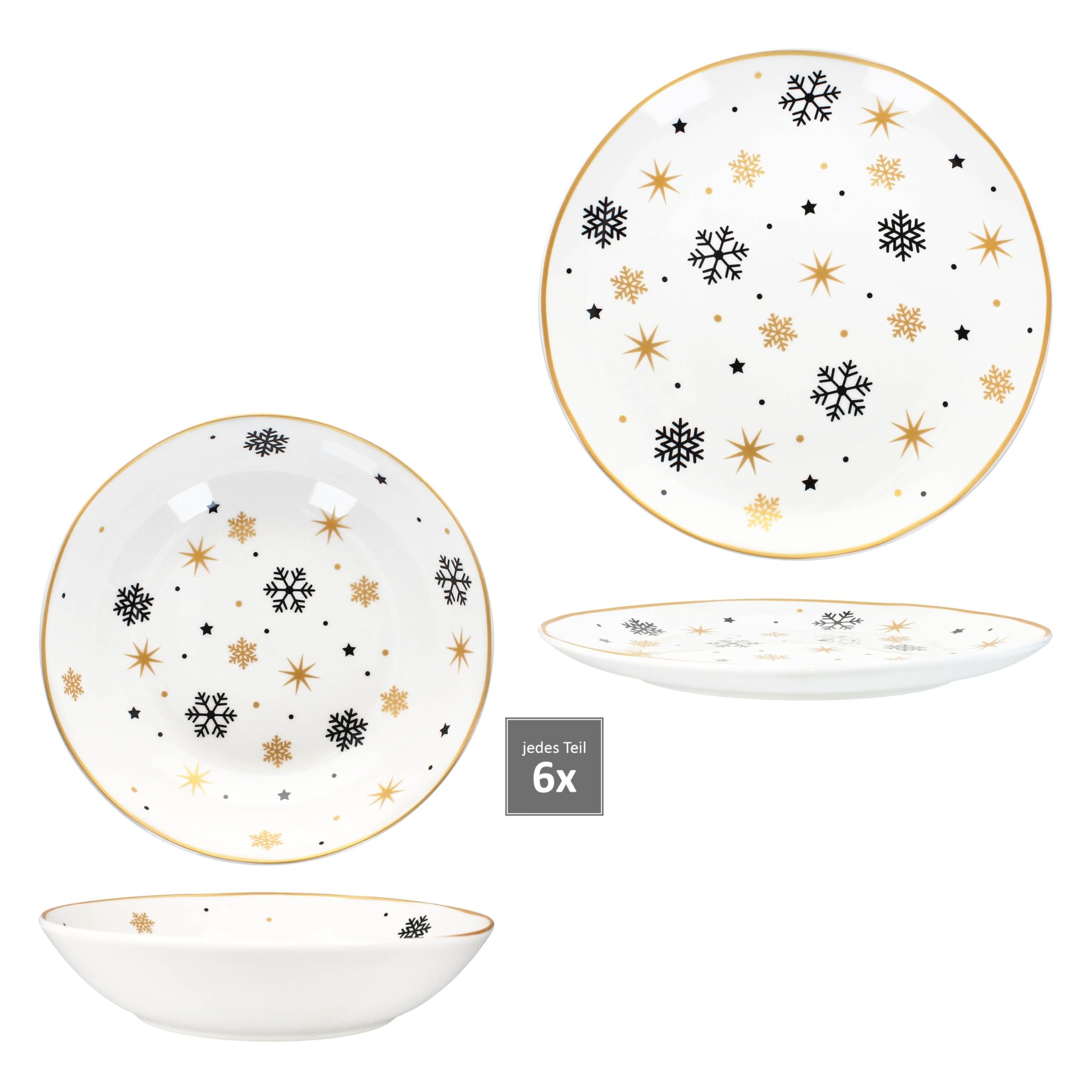 MamboCat Stars schwarz & Gold 12tlg Tafelservice I Steingut-Geschirr für 6 Personen Sternen & Schneeflocken I 6X Flache Speiseteller & 6X Tiefe Suppenteller 500ml