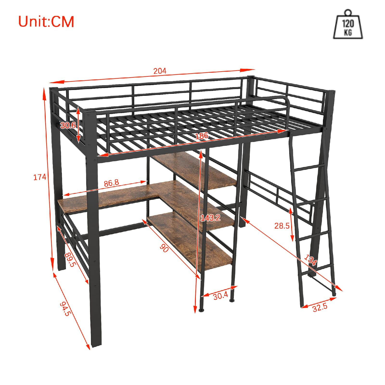 PUGSDRLY Lit Mezzanine Enfant 90x200cm Bureau Étagères, Cadre Fer Hauteur Adolescent Noir