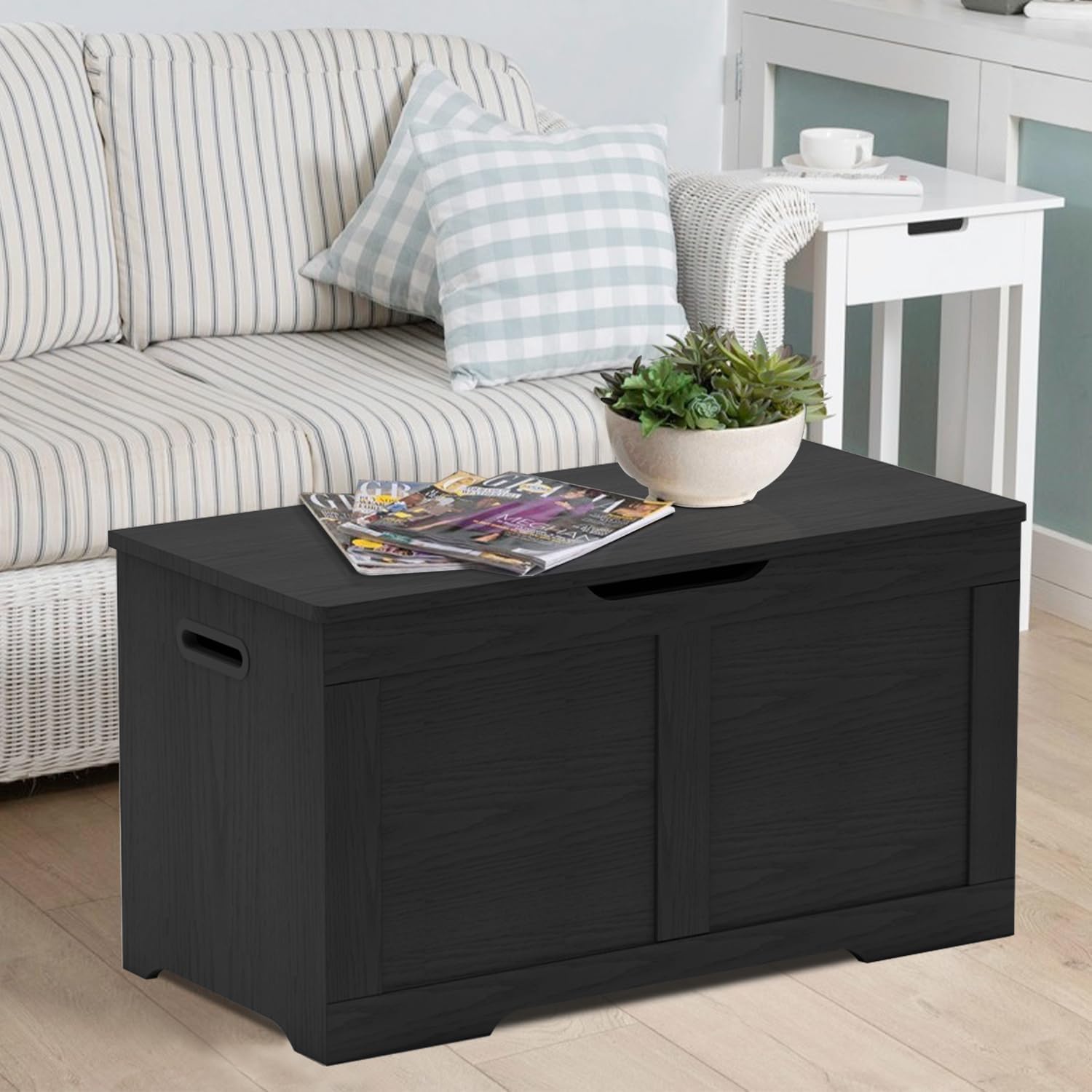 31.5" Storage Chest, Wooden Storage Bench, Lift Top Toy Chest with 2 Safety Hinges, Large Toy Box, Entryway Shoes Bench for Living Room, Bedroom, Black