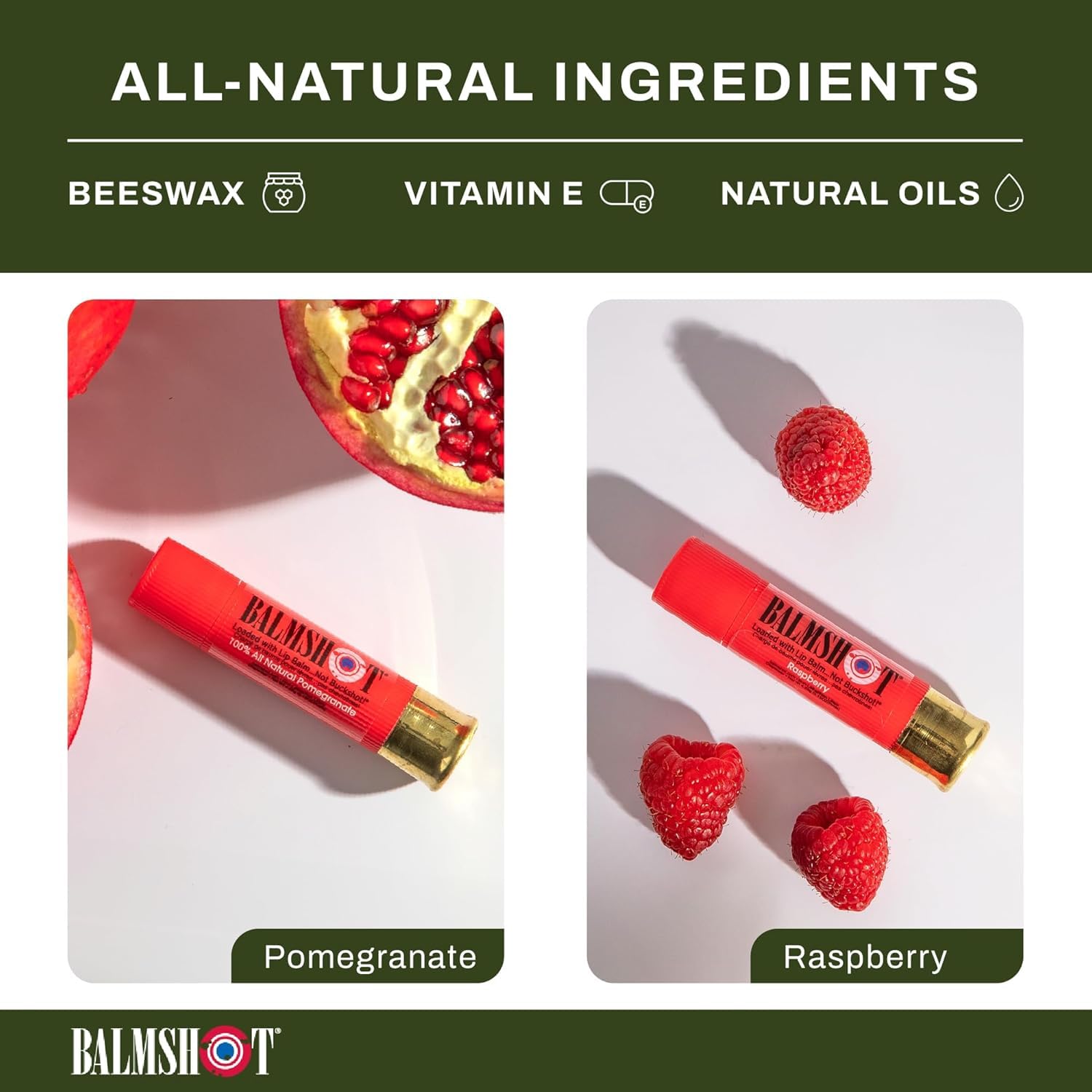 BALMSHOT Lip Balm 4-Pack – Fruit Combo Variety Pack – (2) Pomegranate & (2) Raspberry – SPF 15 Beeswax Formula – 20-Gauge Brass Shotgun Shell Tube – Long Lasting, Heat Resistant – Made in USA